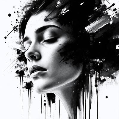 The primary subject of the image is a woman with a thoughtful expression on her face. She is looking upward, possibly deep in thought or contemplating something. The setting is a black and white background, which adds a sense of drama and intensity to the scene. The visual style is a combination of digital art and illustration, creating a striking and artistic representation of the woman. The colors and mood of the image are predominantly dark and moody, with the woman's expression and the overall composition evoking a sense
